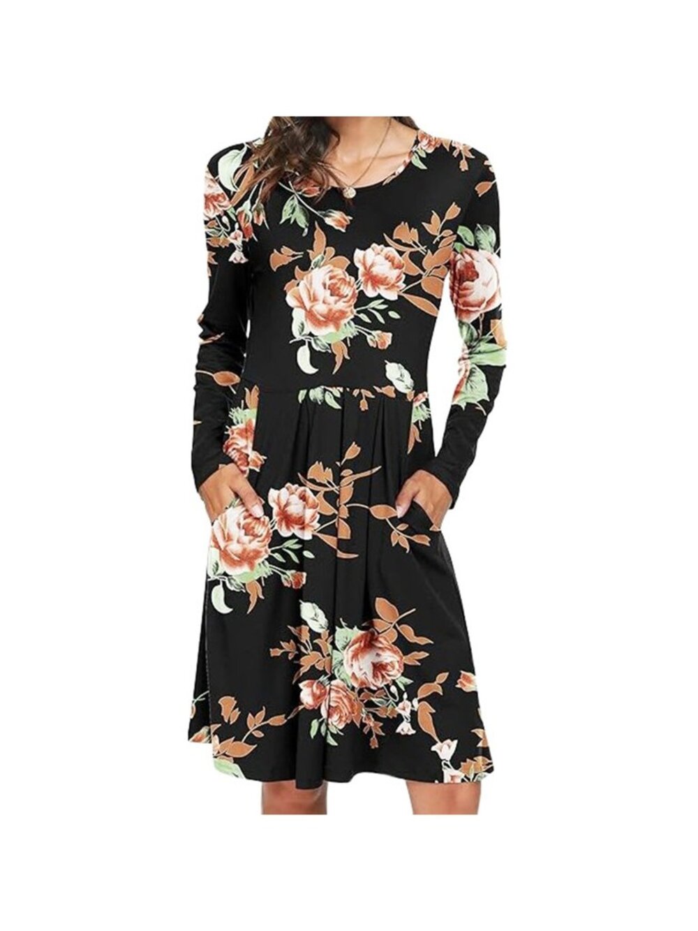 Women's Casual Long Sleeve Flowy Pleated Fall Dresses with Pockets Size XL